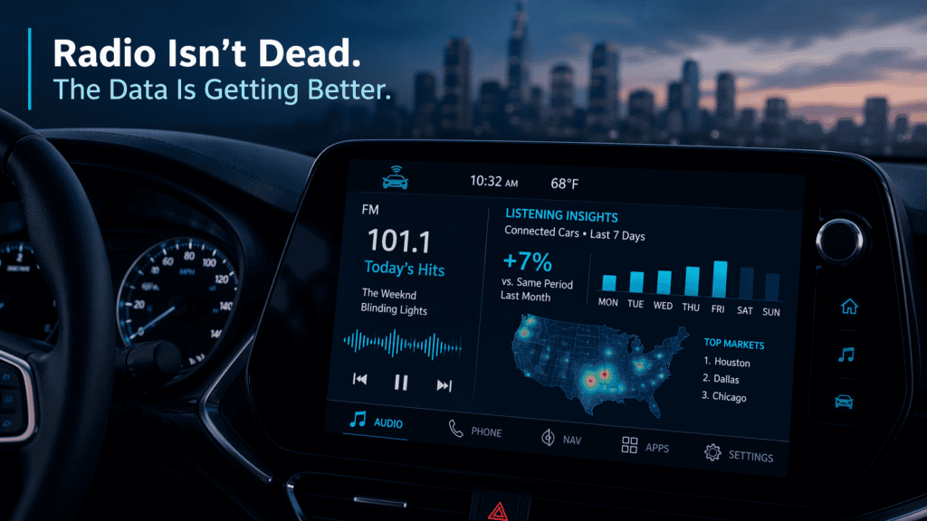 Car dashboard with digital radio display showing listening insights and city heatmap.